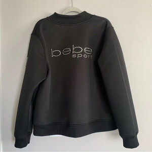Bebe Black Moto Bomber Logo Jacket Size 2XL Rhinestones Sequin Jacket Y2K